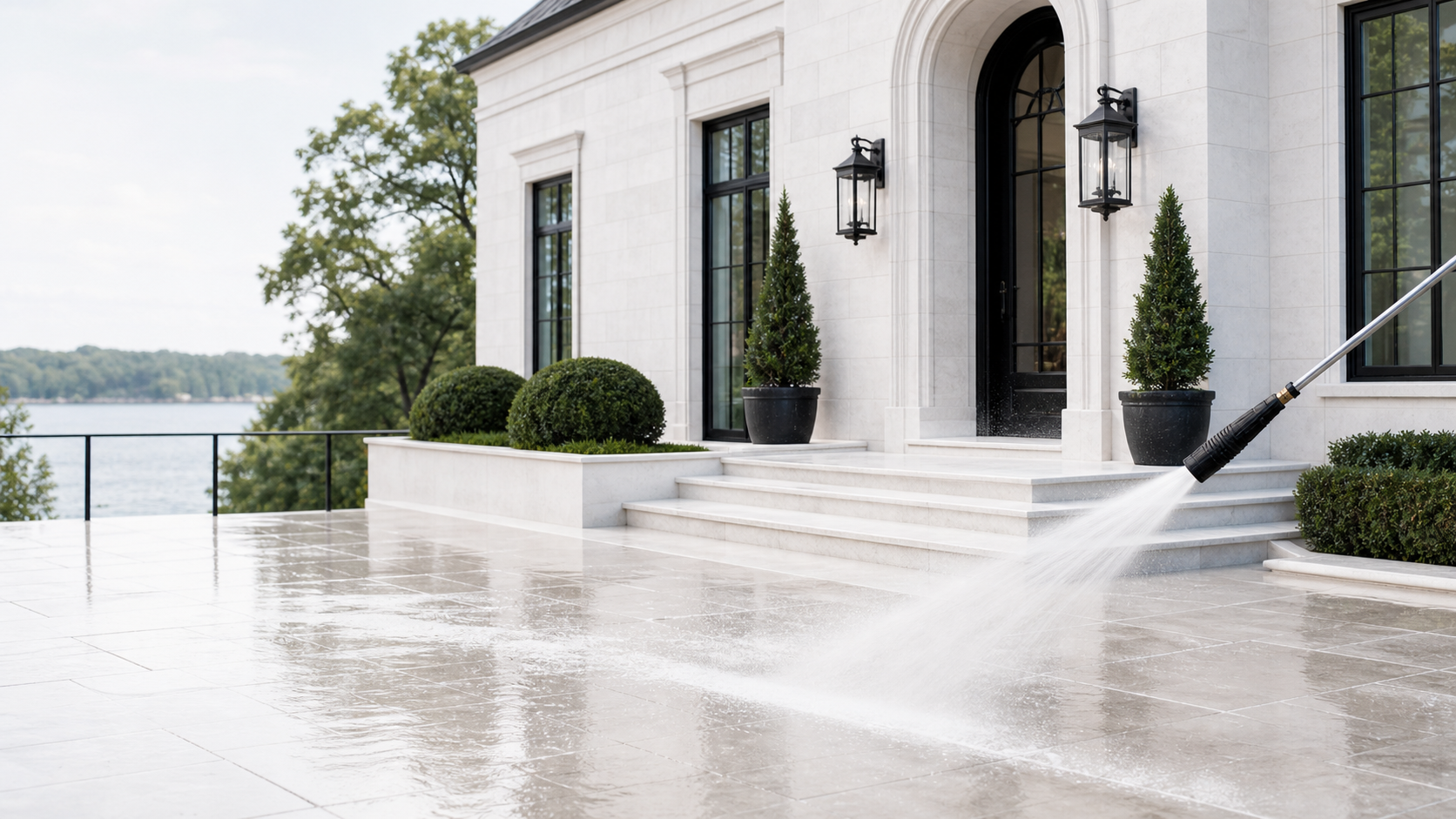 Luxury estate entrance and clean stone terrace