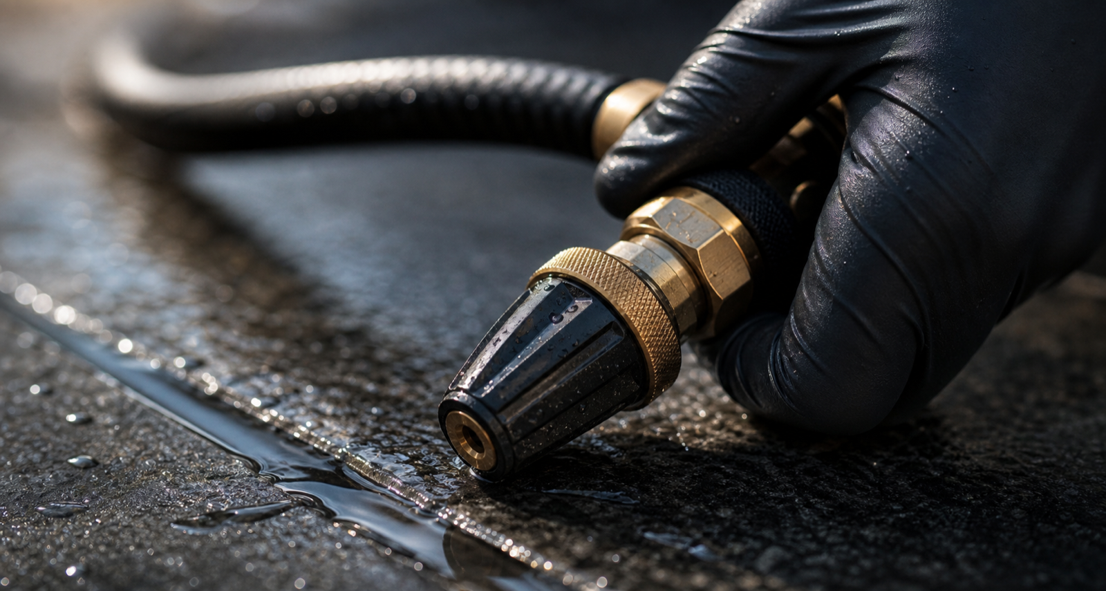 Close detail of a professional pressure washing nozzle on wet stone