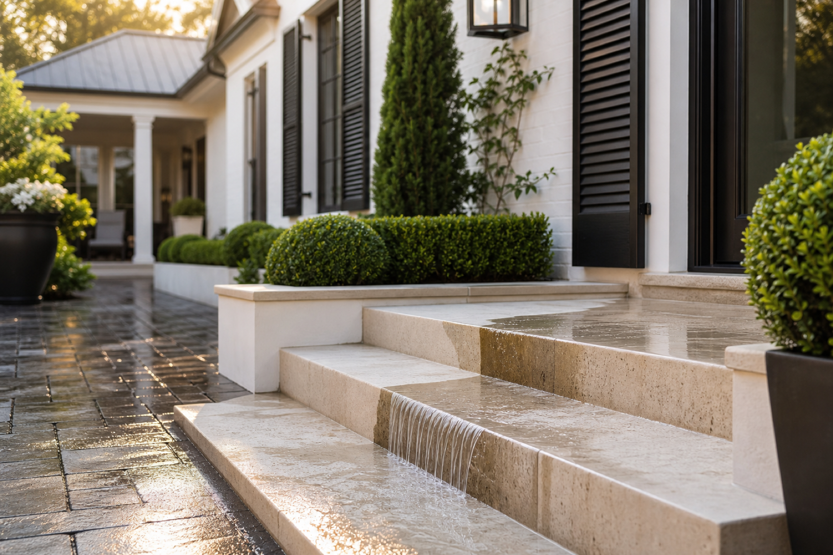 Clean stone steps and courtyard after exterior surface restoration