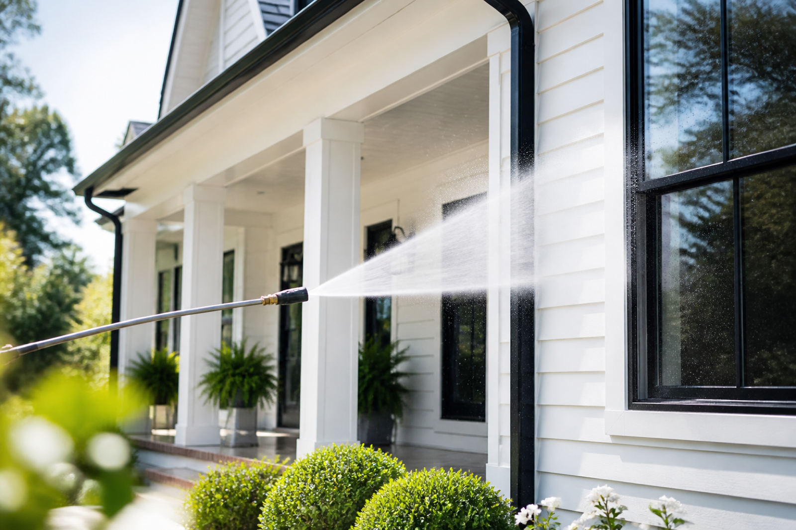Soft wash exterior care on a bright residential facade