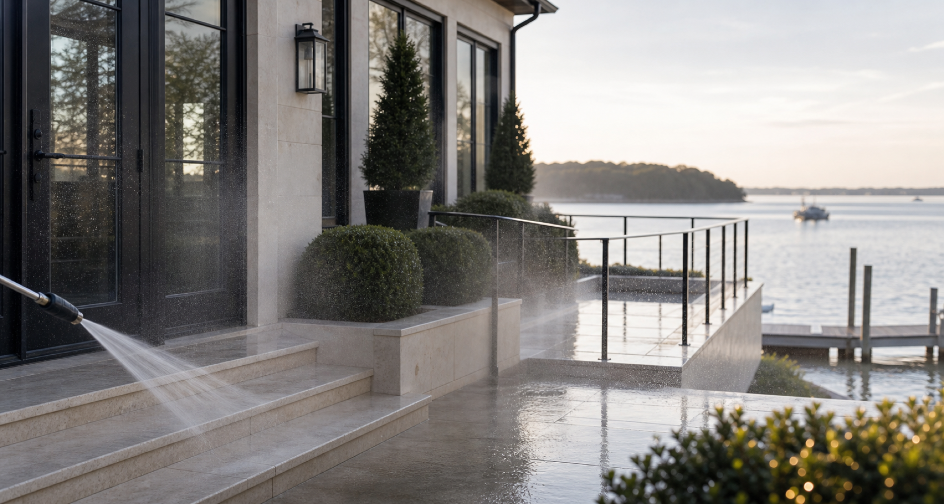 Waterside residence terrace and exterior surfaces being carefully washed